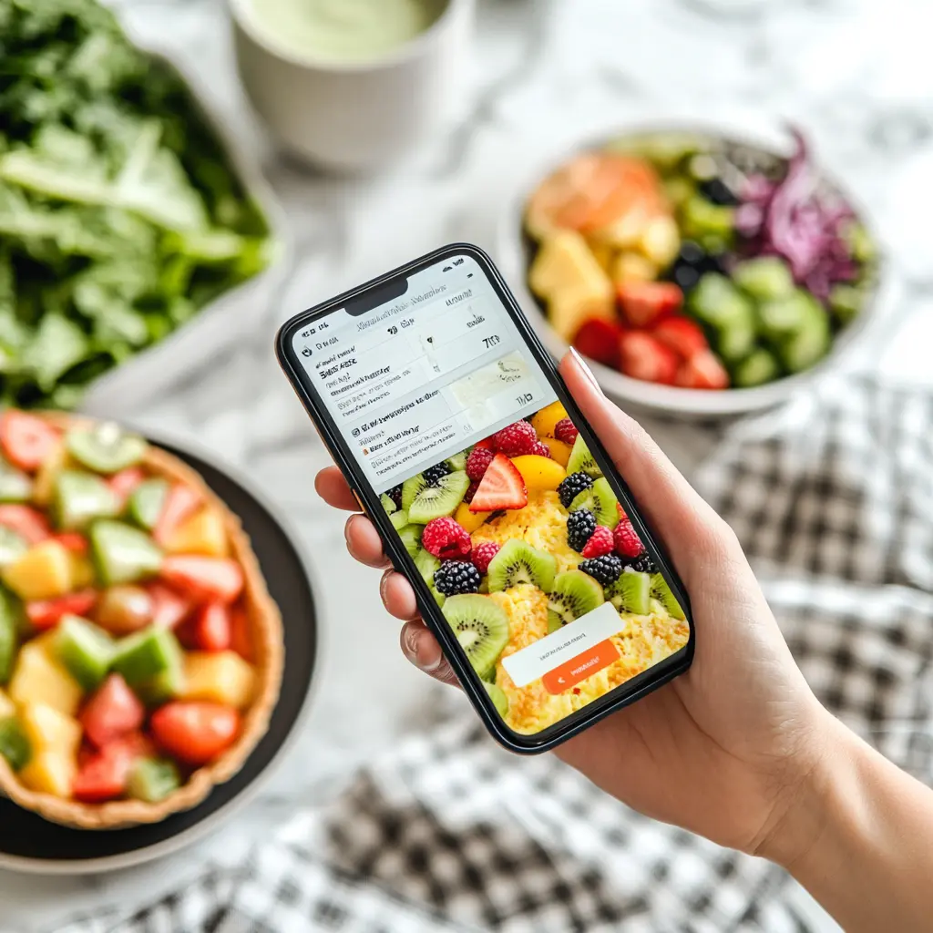 A person checking a meal plan on their phone, surrounded by vibrant fresh fruit salad and other healthy foods.
