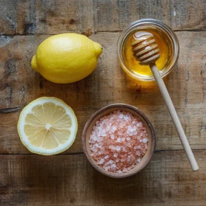 Ingredients for pink salt trick 4 ingredients including pink Himalayan salt, lemon, raw honey, and water