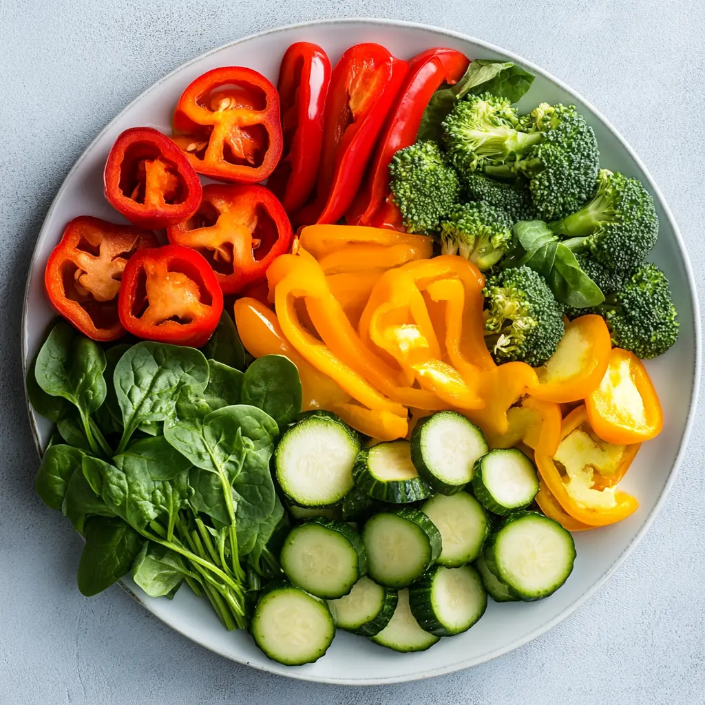 Fresh vegetables including red and yellow bell peppers, broccoli, cucumber, and spinach, perfect for a healthy diet.