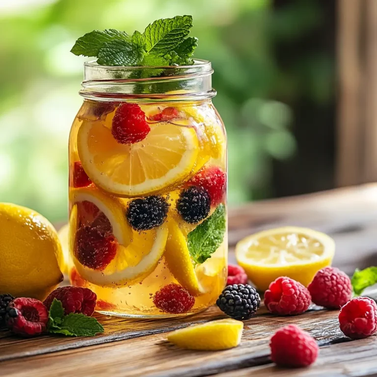 Chilled glass of Lemon Berry Detox Water with lemon slices, mint, and berries.