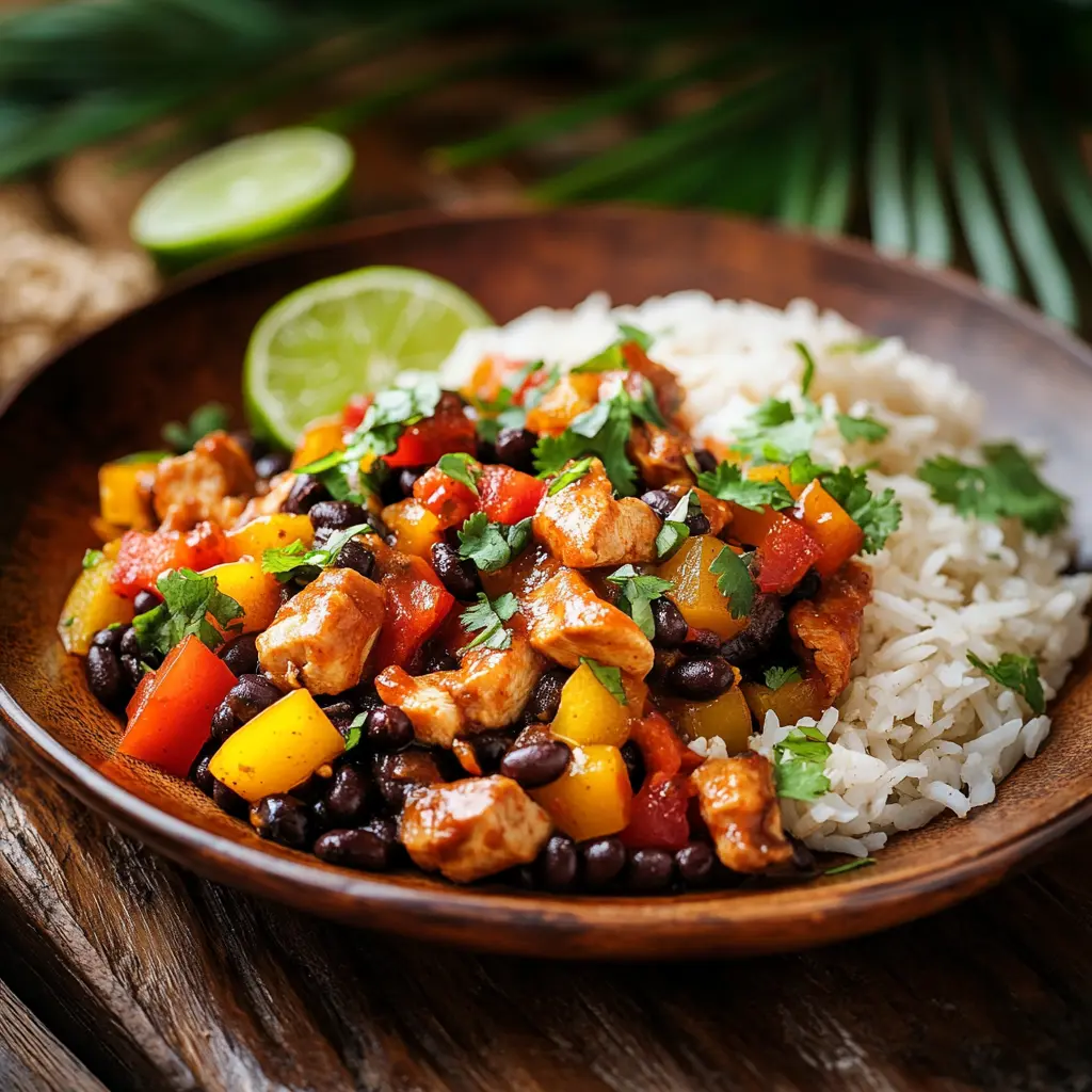 Brazilian Mounjaro Dish with rice, black beans, chicken, bell peppers, and lime garnish.