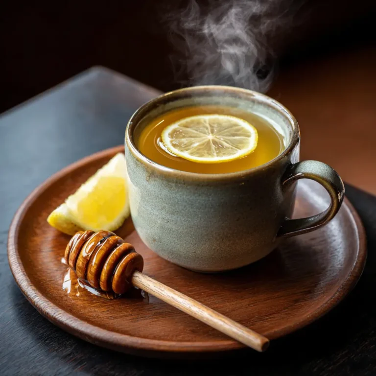 A finished cup of Japanese Mounjaro Tea served with lemon and honey