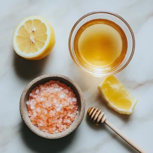 Ingredients for the Pink Salt Trick: Himalayan pink salt, lemon, honey, and warm water.