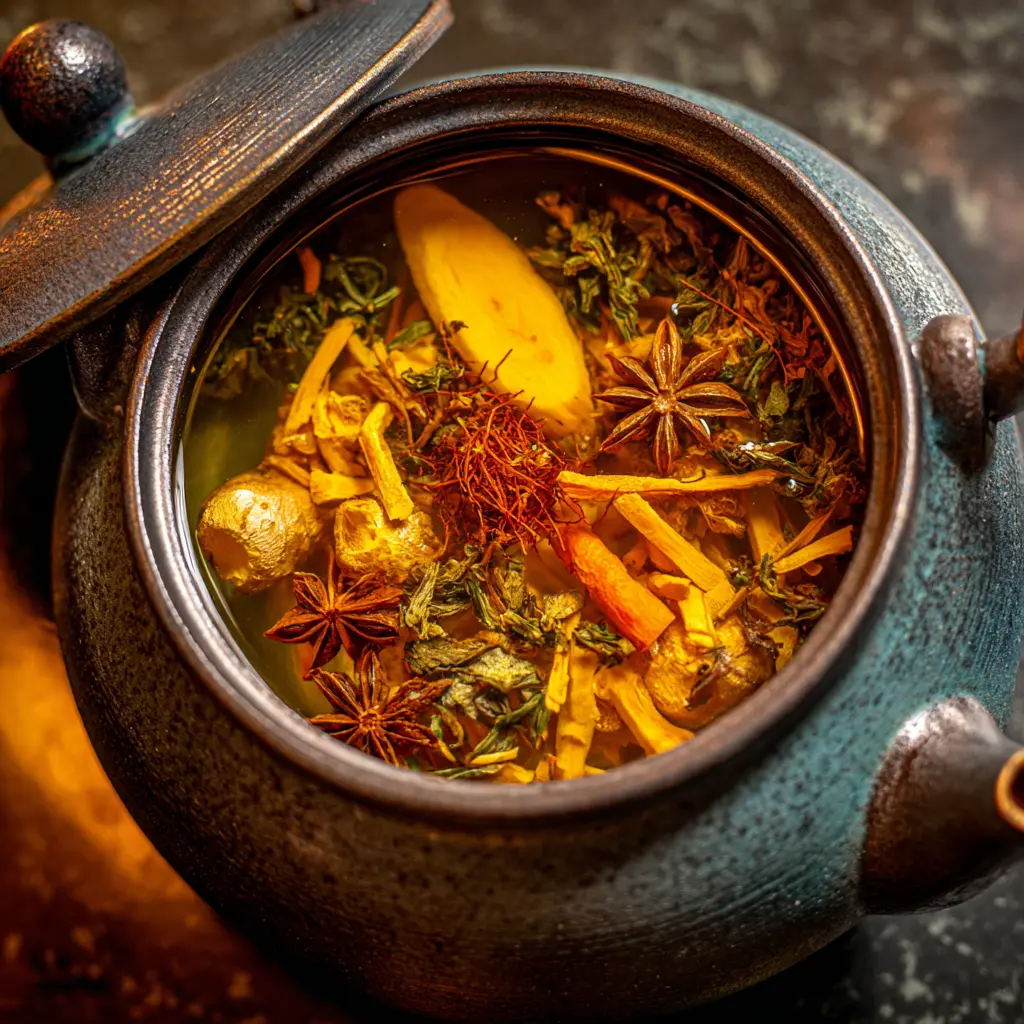 Pouring hot water over ingredients to prepare Japanese Mounjaro Tea