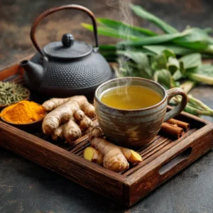 A steaming cup of Japanese Mounjaro Tea with ingredients like green tea, ginger root, turmeric, and lemongrass.
