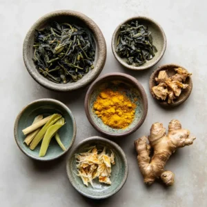 The ingredients for Japanese Mounjaro Tea: green tea leaves, dried ginger root, turmeric, and lemongrass