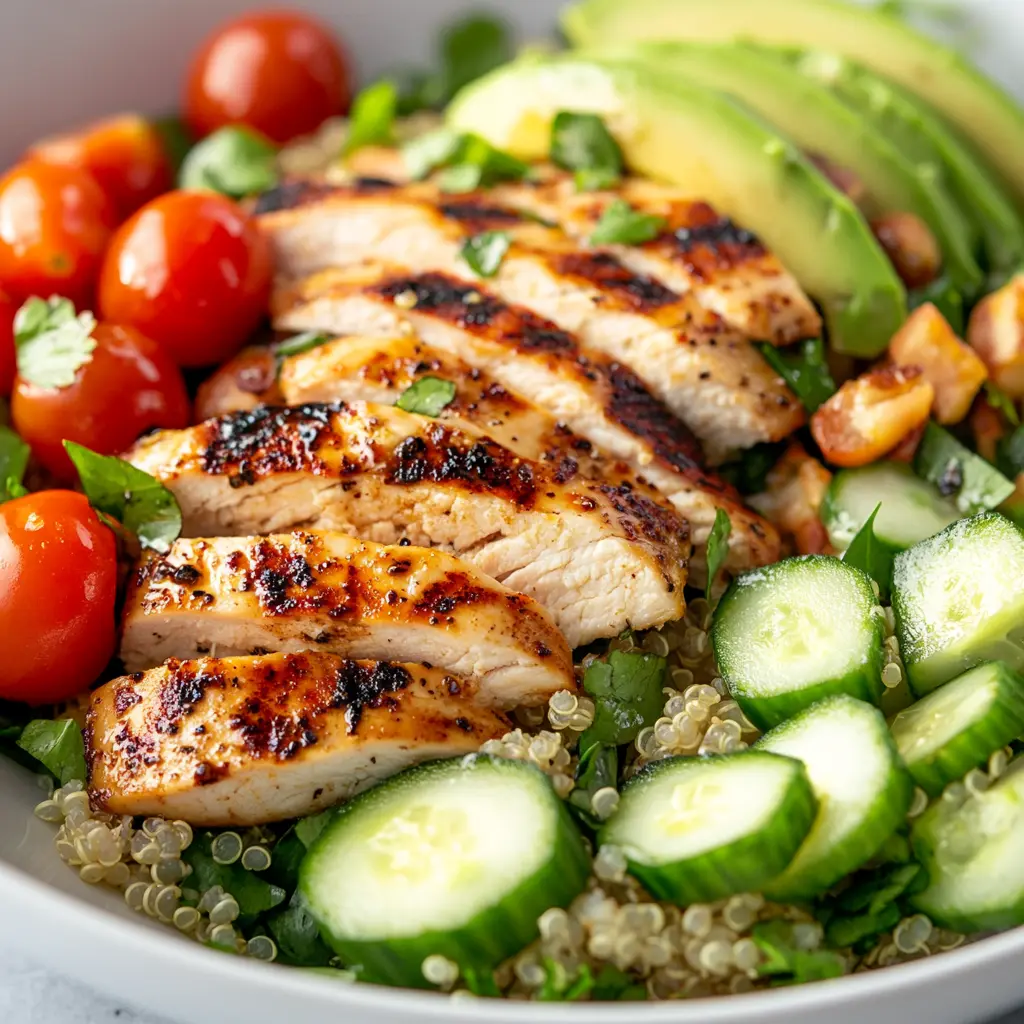 Close-up of a grilled chicken salad with quinoa, avocado, and balsamic dressing
