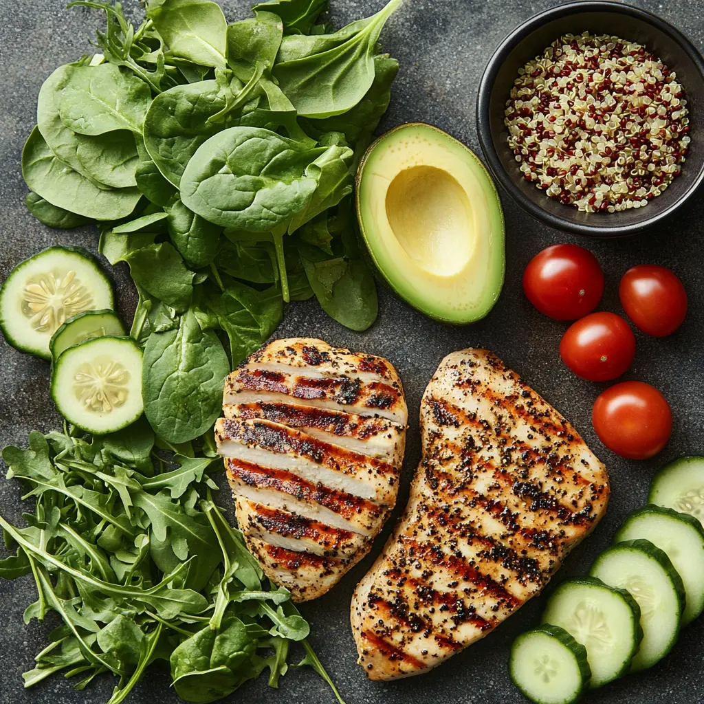 Ingredients for a Natural Mounjaro Recipe including avocado, chicken, quinoa, tomatoes, and greens