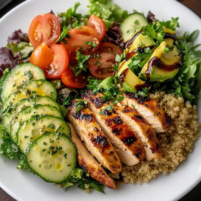 Healthy Natural Mounjaro Salad with grilled chicken, avocado, quinoa, and vegetables.