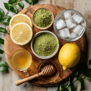 Ingredients for Matcha Lemonade: matcha powder, lemon juice, honey, water, and ice cubes.