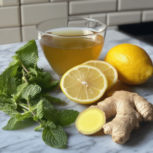 Ingredients for lemon balm tea including lemon balm leaves, ginger, and honey