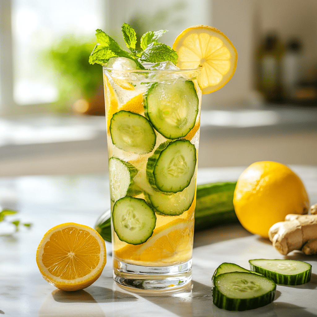 Lemon Ginger Cucumber Water served with fresh lemon, cucumber, and ginger slices